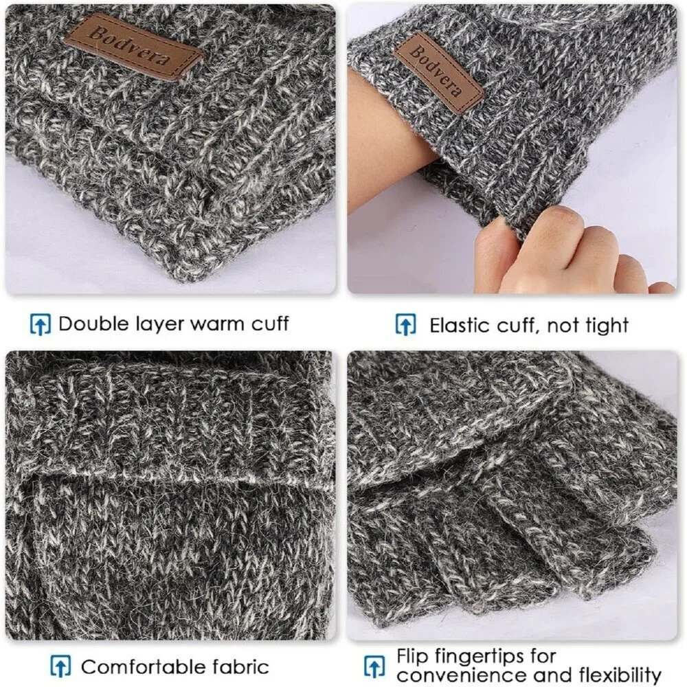 Women's Light Grey Winter Warm Thermal Insulation Fingerless Texting Wool Gloves